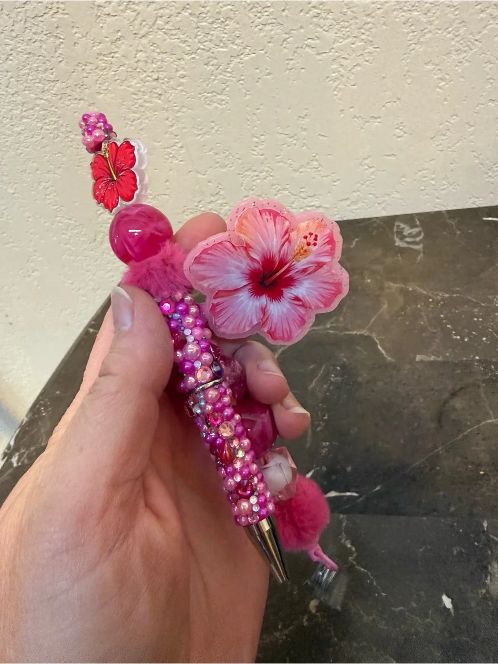 Hibiscus Hawaiian Flower Rhinestone Beaded Pen and Matching Badge Reel Handmade